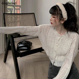GETADME Cropped Cardigan Women Hollow Out Pure Color Soft Spring Design Students Korean Style Ladies Leisure Fashion Sweet Simple Cozy