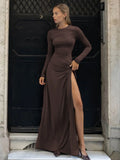 GETADME Cryptographic Elegant Fashion Autumn Long Sleeve Maxi Dress Party Club Outfits Ruched High Rise Split Brown Dresses Robe Clothes