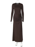 GETADME Cryptographic Elegant Fashion Autumn Long Sleeve Maxi Dress Party Club Outfits Ruched High Rise Split Brown Dresses Robe Clothes