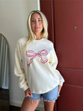 GETADME Cute Pink Bow Prints Hoodie for Women Fall Casual Loose Round Neck Long Sleeve Sweatshirts Female Spring Pullovers Tops Coat Y2K