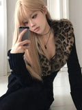 GETADME DEEPTOWN Leopard Cardigan Women Japanese Gyaru V-neck Long Sleeve Streetwear Slim Sexy Cardigan Sweater Y2k Vintage Top Autuam