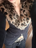 GETADME DEEPTOWN Leopard Cardigan Women Japanese Gyaru V-neck Long Sleeve Streetwear Slim Sexy Cardigan Sweater Y2k Vintage Top Autuam