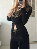 GETADME DEEPTOWN Leopard Cardigan Women Japanese Gyaru V-neck Long Sleeve Streetwear Slim Sexy Cardigan Sweater Y2k Vintage Top Autuam