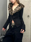 GETADME DEEPTOWN Leopard Cardigan Women Japanese Gyaru V-neck Long Sleeve Streetwear Slim Sexy Cardigan Sweater Y2k Vintage Top Autuam