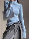 GETADME Deeptown Basic Turtleneck Crop Sweater Women Casual Knitted Pullover Solid Color Jumper Long Sleeve Tops Slim Bottoming Shirt