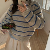 GETADME Deeptown Blue Striped Women Sweaters Vintage Long Sleeve Korean Fashion Knited Pullovers Loose Warm Jumper Autumn Winter Casual