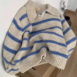GETADME Deeptown Blue Striped Women Sweaters Vintage Long Sleeve Korean Fashion Knited Pullovers Loose Warm Jumper Autumn Winter Casual