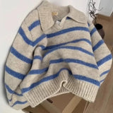 GETADME Deeptown Blue Striped Women Sweaters Vintage Long Sleeve Korean Fashion Knited Pullovers Loose Warm Jumper Autumn Winter Casual
