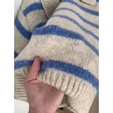GETADME Deeptown Blue Striped Women Sweaters Vintage Long Sleeve Korean Fashion Knited Pullovers Loose Warm Jumper Autumn Winter Casual