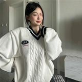 GETADME Deeptown Korean Style Oversize Sweaters Women Vintage V-neck Knitted Pullovers Female Preppy Look Japanese School Uniform Jumper
