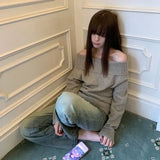 GETADME Deeptown Vintage Japanese Style Sweater Women Solid Sexy Off Shoulder Knitwear Y2k Long Sleeve Jumper Slash Neck Causal Harajuku