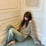 GETADME Deeptown Vintage Japanese Style Sweater Women Solid Sexy Off Shoulder Knitwear Y2k Long Sleeve Jumper Slash Neck Causal Harajuku