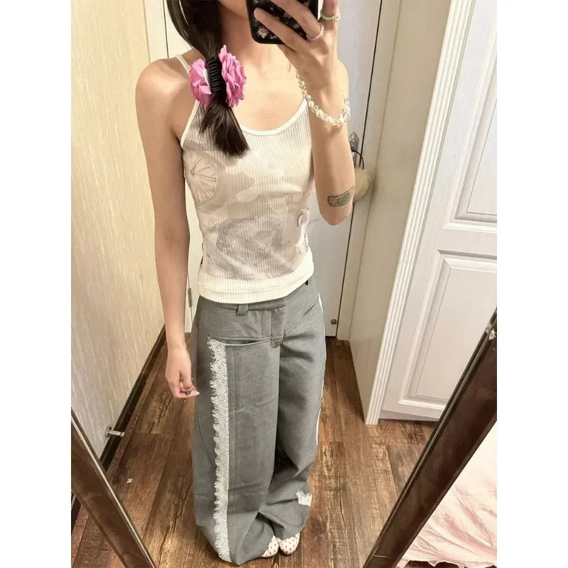 GETADME Deeptown Y2k Gray Lace Women Suit Pants Vintage Harajuku Patchwork Wide Leg Korean Fashion Baggy Trousers Elegant Casual Sweet