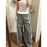 GETADME Deeptown Y2k Gray Lace Women Suit Pants Vintage Harajuku Patchwork Wide Leg Korean Fashion Baggy Trousers Elegant Casual Sweet