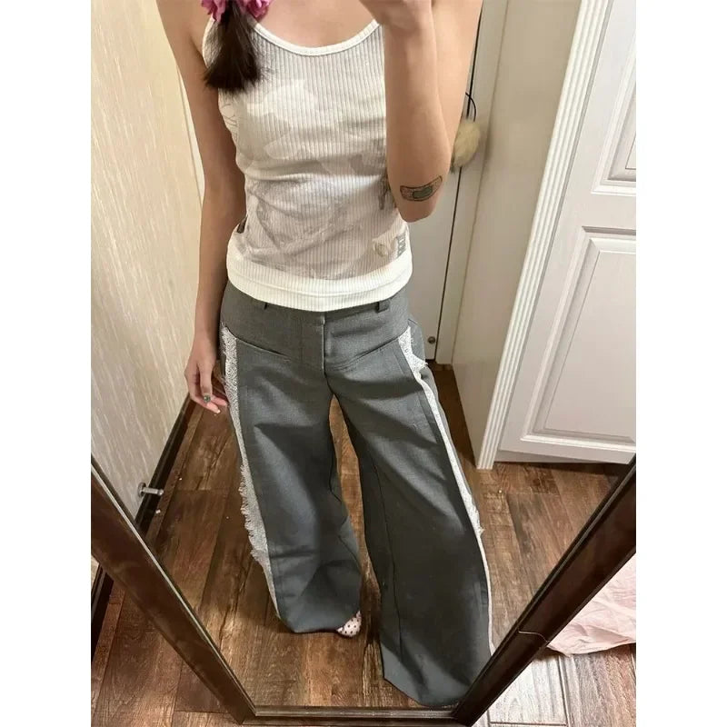 GETADME Deeptown Y2k Gray Lace Women Suit Pants Vintage Harajuku Patchwork Wide Leg Korean Fashion Baggy Trousers Elegant Casual Sweet