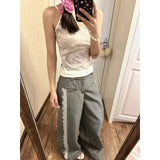 GETADME Deeptown Y2k Gray Lace Women Suit Pants Vintage Harajuku Patchwork Wide Leg Korean Fashion Baggy Trousers Elegant Casual Sweet