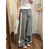GETADME Deeptown Y2k Gray Lace Women Suit Pants Vintage Harajuku Patchwork Wide Leg Korean Fashion Baggy Trousers Elegant Casual Sweet