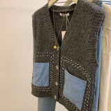 GETADME Denim Pockets Patchwork V-neck Knitted Vest Women Spring Autumn Sleeveless Sweater Tank Top Chic Gray Tops