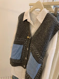 GETADME Denim Pockets Patchwork V-neck Knitted Vest Women Spring Autumn Sleeveless Sweater Tank Top Chic Gray Tops