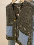 GETADME Denim Pockets Patchwork V-neck Knitted Vest Women Spring Autumn Sleeveless Sweater Tank Top Chic Gray Tops