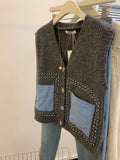 GETADME Denim Pockets Patchwork V-neck Knitted Vest Women Spring Autumn Sleeveless Sweater Tank Top Chic Gray Tops