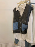 GETADME Denim Pockets Patchwork V-neck Knitted Vest Women Spring Autumn Sleeveless Sweater Tank Top Chic Gray Tops