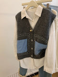 GETADME Denim Pockets Patchwork V-neck Knitted Vest Women Spring Autumn Sleeveless Sweater Tank Top Chic Gray Tops