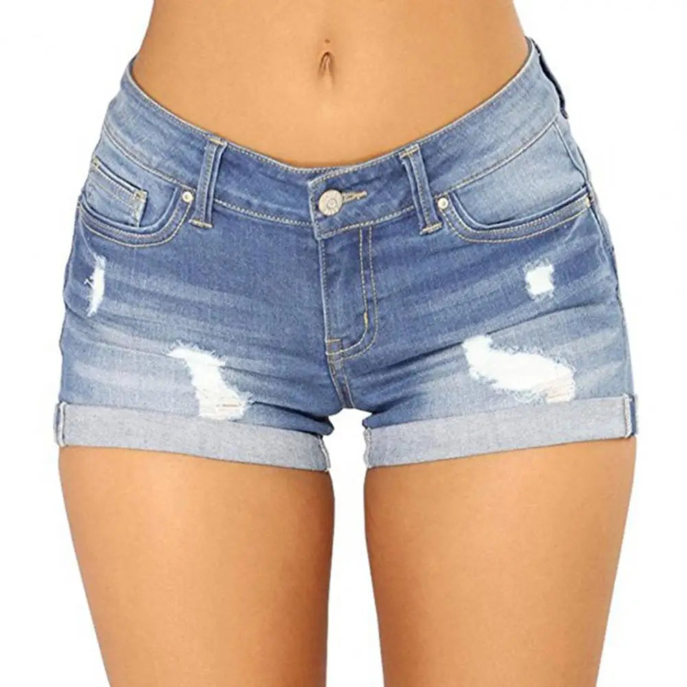 GETADME Denim Shorts Women Jeans Ripped Mid Waist Solid Color Soft Short Jeans Casual Slim Fit Shorts Summer