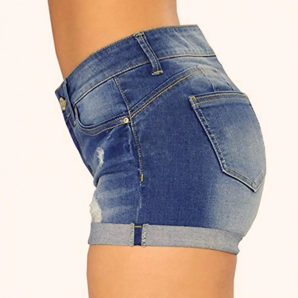 GETADME Denim Shorts Women Jeans Ripped Mid Waist Solid Color Soft Short Jeans Casual Slim Fit Shorts Summer
