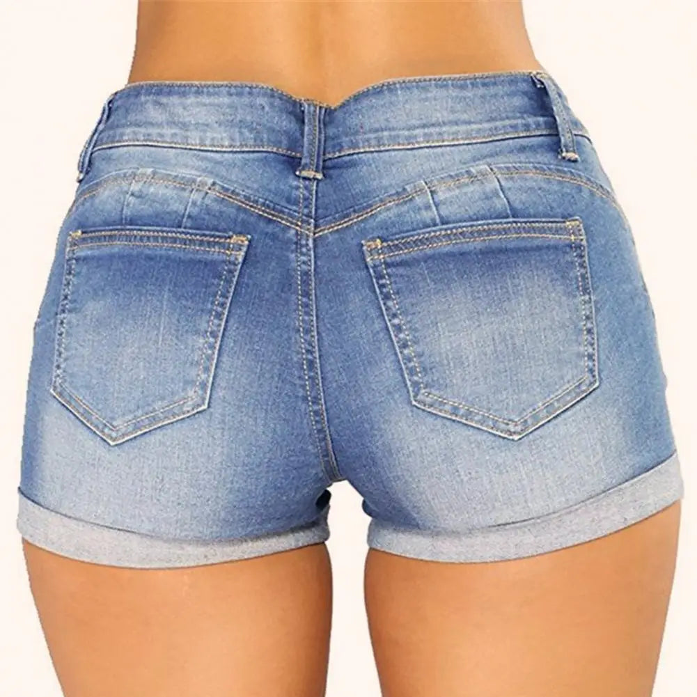 GETADME Denim Shorts Women Jeans Ripped Mid Waist Solid Color Soft Short Jeans Casual Slim Fit Shorts Summer