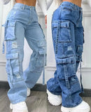 GETADME Denim Trousers Women2025 New Fashionable Solid Color Versatile Large Size High Waist Multi-pocket Casual Pants