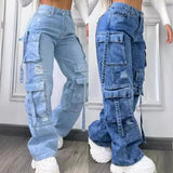 GETADME Denim Trousers Women2025 New Fashionable Solid Color Versatile Large Size High Waist Multi-pocket Casual Pants