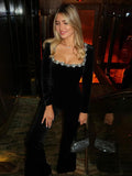 GETADME Diamond Velvet Jumpsuits Women High Waist Long Sleeve Square Collar Casual Female Jumpsuit 2025 Winter Chic Black Lady Romper