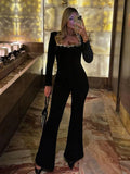GETADME Diamond Velvet Jumpsuits Women High Waist Long Sleeve Square Collar Casual Female Jumpsuit 2025 Winter Chic Black Lady Romper