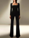 GETADME Diamond Velvet Jumpsuits Women High Waist Long Sleeve Square Collar Casual Female Jumpsuit 2025 Winter Chic Black Lady Romper