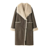 GETADME Double Sided Woolen Long Coat Long Fur Leather Patchwork Warm Thicken Lapel Wear On Both Sides Overcoat Women Fluffy Outwear Top