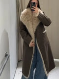 GETADME Double Sided Woolen Long Coat Long Fur Leather Patchwork Warm Thicken Lapel Wear On Both Sides Overcoat Women Fluffy Outwear Top