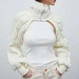 Getadme Dourbesty Chic Shrug Sweater For Women Long Sleeve Turtleneck Open Front Zipper Cardigan Knit Sweater Arm Warmer Cropped Tops