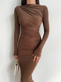 GETADME Dress Women Slash Neck Slim Fit Sheath Sexy Long Dresses Full Sleeve Hip Wrap Splice Gown Vestidos Pleated High Waist 2025