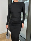 GETADME Dress Women Slash Neck Slim Fit Sheath Sexy Long Dresses Full Sleeve Hip Wrap Splice Gown Vestidos Pleated High Waist 2025