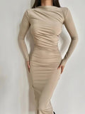 GETADME Dress Women Slash Neck Slim Fit Sheath Sexy Long Dresses Full Sleeve Hip Wrap Splice Gown Vestidos Pleated High Waist 2025