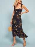 GETADME Dresses For Women 2025 Elegant Vintage Floral Dress Frill Sweetheart Neck Sleeveless Strap Tie Ruffle Hem Summer Beach Dress