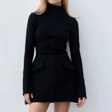 GETADME Elegant Black Short Dresses Women's Turtleneck Long Sleeve Dresses 2025 Autumn New Mini Dress ,Ladies Office Dress