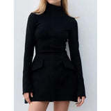 GETADME Elegant Black Short Dresses Women's Turtleneck Long Sleeve Dresses 2025 Autumn New Mini Dress ,Ladies Office Dress