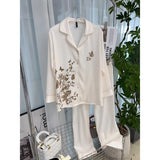 GETADME 우아한 나비 프린트 디자인 인스타일 인 여성용 헤링본 아이스 실크 파자마 세트 통기성 부드러운 새틴 소재