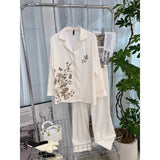 GETADME 우아한 나비 프린트 디자인 인스타일 인 여성용 헤링본 아이스 실크 파자마 세트 통기성 부드러운 새틴 소재