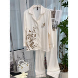 GETADME 우아한 나비 프린트 디자인 인스타일 인 여성용 헤링본 아이스 실크 파자마 세트 통기성 부드러운 새틴 소재