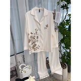 GETADME 우아한 나비 프린트 디자인 인스타일 인 여성용 헤링본 아이스 실크 파자마 세트 통기성 부드러운 새틴 소재