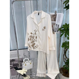 GETADME 우아한 나비 프린트 디자인 인스타일 인 여성용 헤링본 아이스 실크 파자마 세트 통기성 부드러운 새틴 소재