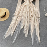 GETADME 우아하고 세련된 레이스 비대칭 긴팔 O넥 페어리코어 드레스 파티 A라인 베스디소 하이웨이스트 베이직 여성 예식 드레스